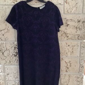 ST. JOHN PURPLE AND BLACK ABSTRACT PRINT KNIT A LINE SHORT SLEEVE DRESS SZ 16